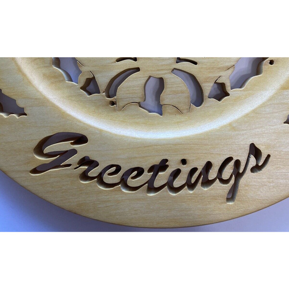 Hand Carved Wood Wall Plaque Seasons Greetings 12” Holiday Christmas Hanging - Picture 4 of 5